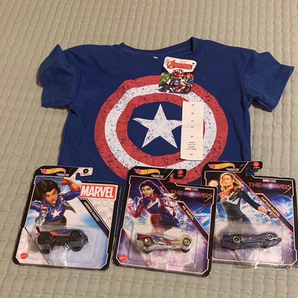 Marvel T-Shirt (3T) W/Marvel Hot Wheel Cars  America Chavez Ms & Captain Marvel